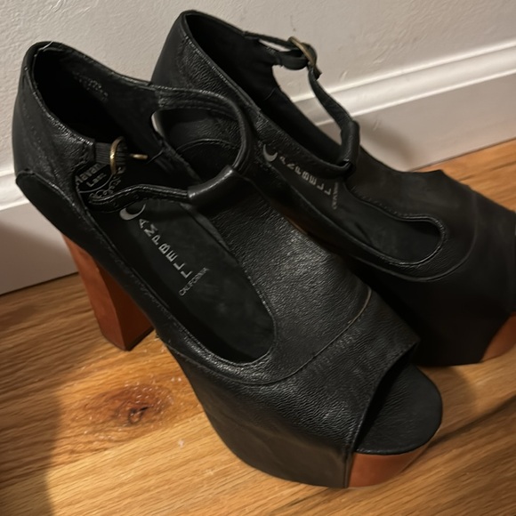 Jeffrey Campbell Black Leather Wood Platform High Heel Sandals Peep Toe - Picture 1 of 8